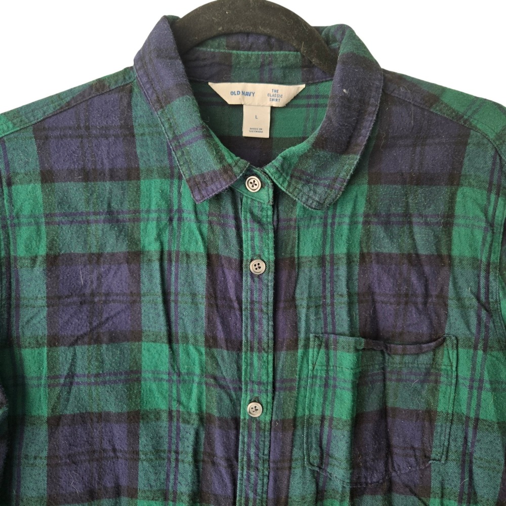 Old‎ Navy The Classic Shirt Womens Large Green Navy Blue Plaid Flannel Cotton L